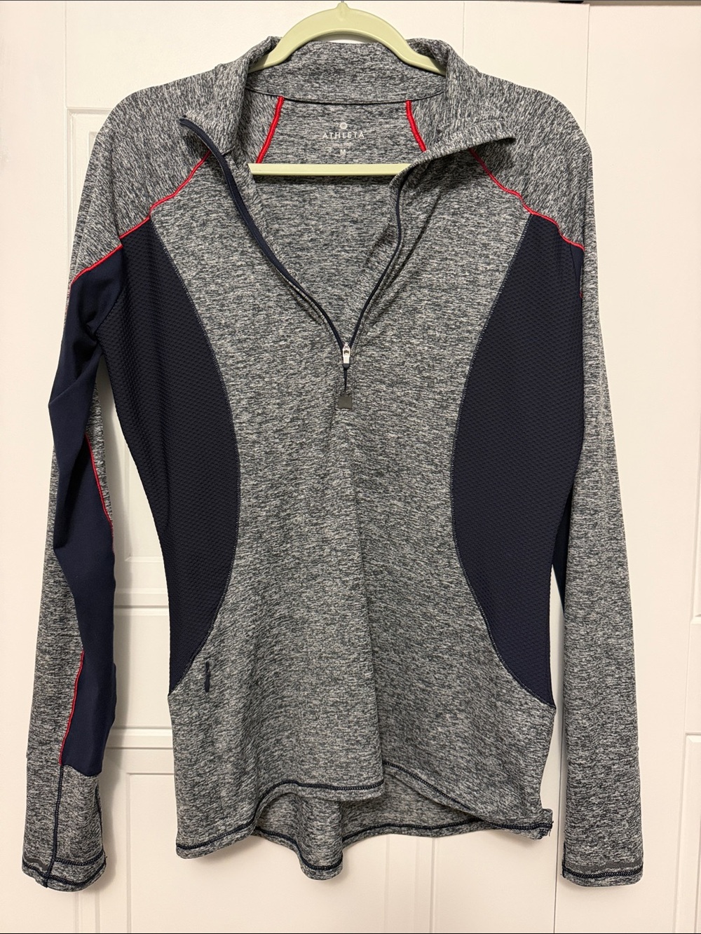 Athleta Gray Heather & Navy Quarter-Zip Performance Sweater with Red Piping